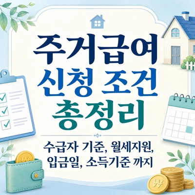 2026 주거급여 신청 조건과 수급자 기준, 월세지원 금액, 입금일, 소득기준을 정리한 안내 이미지