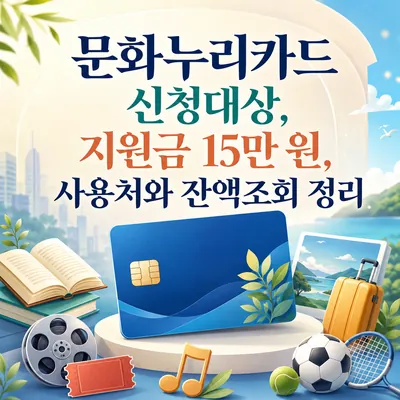 문화누리카드 신청대상과 지원금 15만 원, 사용처, 잔액조회 방법을 한눈에 정리한 안내 이미지
