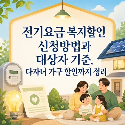 전기요금 복지할인 신청방법과 대상자 기준, 다자녀 가구 할인 정보를 정리한 안내 이미지
