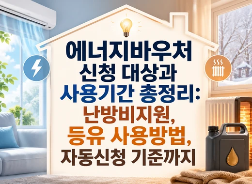 에너지바우처 신청 대상과 사용기간, 난방비지원, 등유 사용방법, 자동신청 기준을 안내하는 이미지