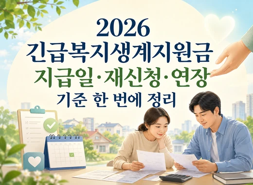 2026년 긴급복지생계지원금 지급일, 재신청, 연장 기준을 정리한 생활지원 안내 이미지