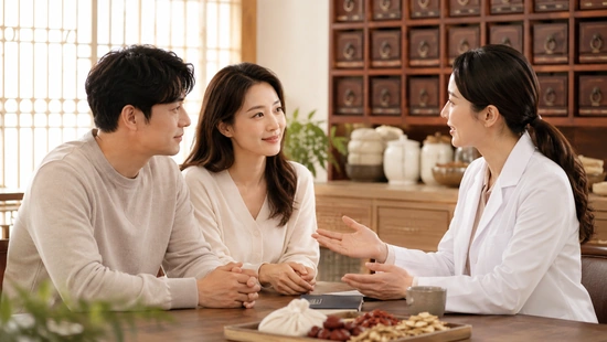 은평구 한방 난임 치료지원사업을 알아보는 부부가 한의사와 상담하는 모습