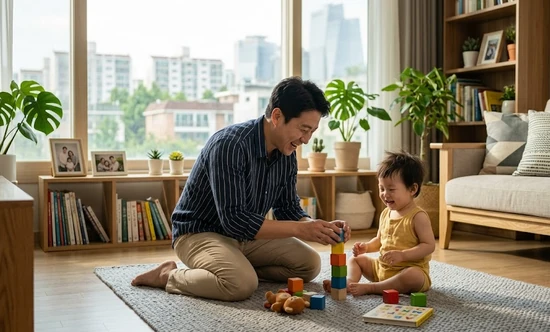 강남구 아빠 육아휴직장려금 안내 이미지로, 집에서 아이와 블록놀이를 하며 육아에 참여하는 아빠의 모습