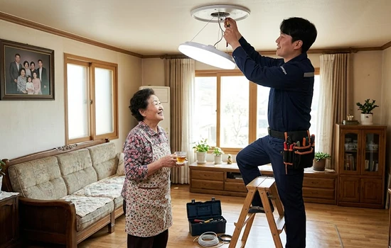 의령민생현장기동대가 어르신 집을 방문해 전등 생활수리를 돕는 모습
