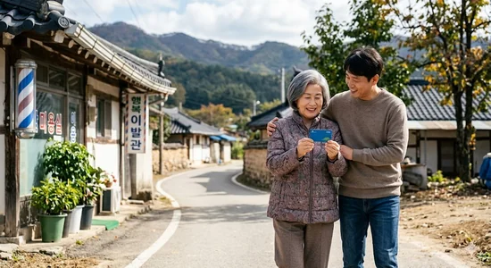 평창군 어르신 이미용비지원사업을 안내받고 바우처 카드를 들고 있는 어르신