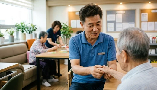 화성시 노숙인시설 종사자 웰빙보조비를 설명하는 복지시설 상담 장면
