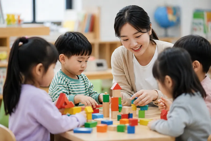 유아 단계적 무상교육 보육 실현 정책을 설명하는 어린이집 교실 이미지